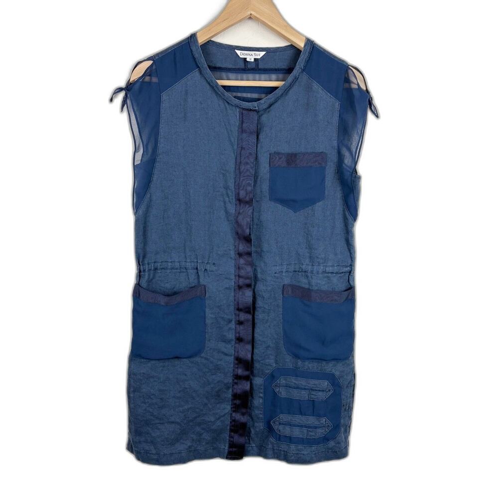 Donna Sui Linen Blend Sleeveless Dress Pockets Blue Womens Size S Lagenlook Boho